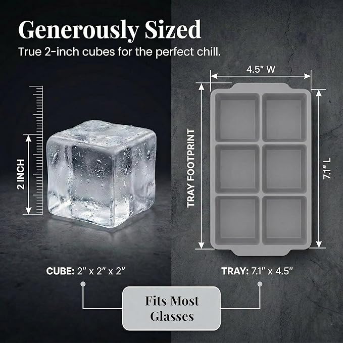 KitchFort Large Silicone Ice Cube Tray (3-Pack), Easy Release 2" Big Ice Cubes - Cocktail, Whiskey Ice Cubes Mold - Ice Trays for Freezer with Lid - Stackable Silicone Ice Tray - Gray