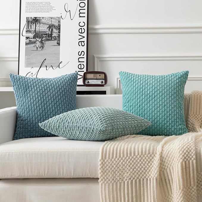 Kevin Textile 12x20 Inch Pillow Cover 1 Pack Boho Decorative Soft Striped Corduroy Lumbar Farmhouse Solid Color Accent Rectangle Cushion Case for Living Room Couch Sofa Bed, Blue Grey