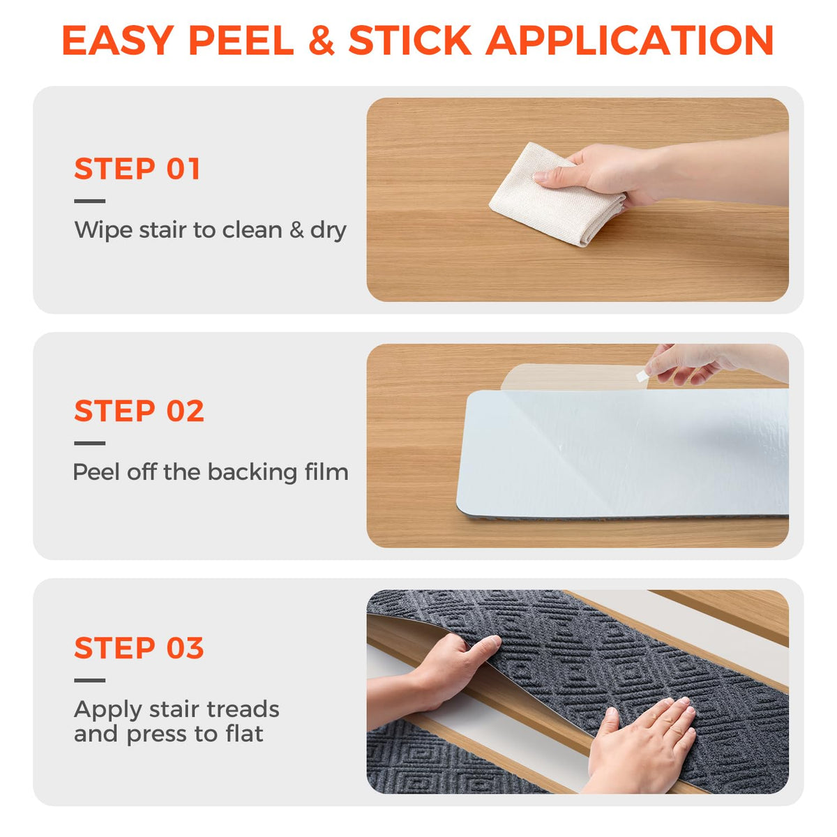 BAGAIL BASICS 15 Pack Non-Slip Stair Treads for Wooden Steps, 8x30 Peel & Stick, No-Residue Adhesive