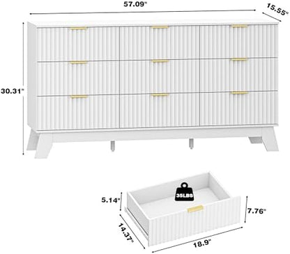 HUANLEGO Fluted Dresser for Bedroom with 9 Drawers, White