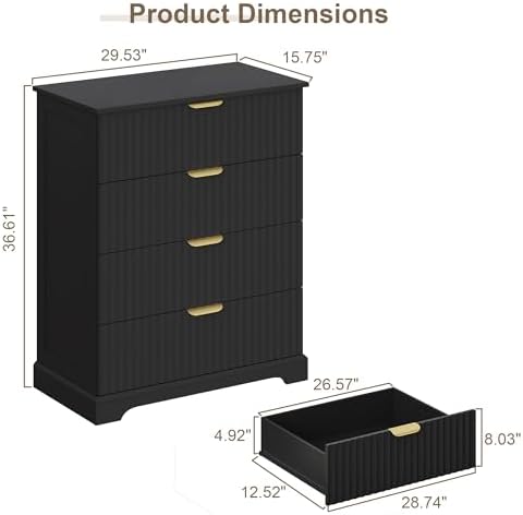 Wooden 4 Drawer Dresser for Bedroom, 36.6 in Tall Fluted Dresser with Metal Handles, Modern Chest of Drawers for Bedroom, Living Room, Entryway, Black