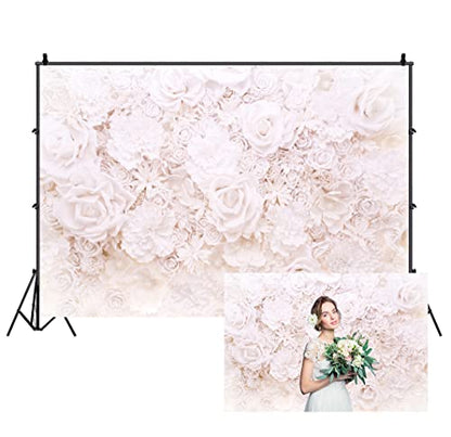 AOFOTO 15x10ft White Flowers Wall Backdrop Elegant Roses Romantic Wedding Bridal Shower Photography Background Baby Shower Party Valentines Mother's Day Photo Banner Studio Props Wallpaper - size: 15x10ft