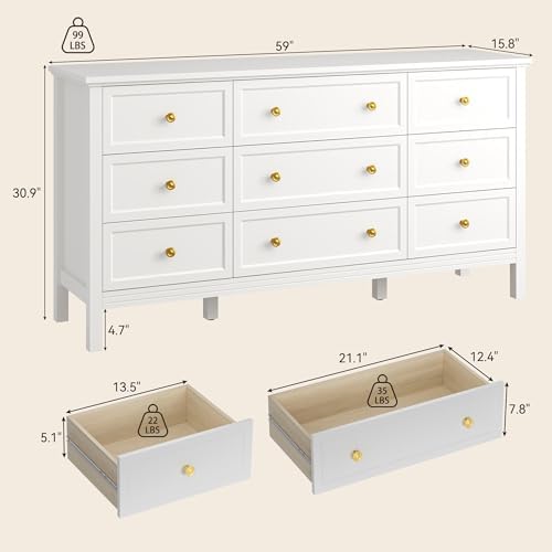 CARPETNAL 59" White Dresser for Bedroom with 9 Drawer & Modern Gold Handles