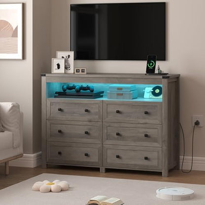 Wodeer Grey Dresser 6 Drawer Dressers for Bedroom with LED Lights, Charging Station, Wood Chest of Drawers with Metal Handles, Modern TV Stand Storage Cabinet for Living Room, Hallway, Entryway, Gray