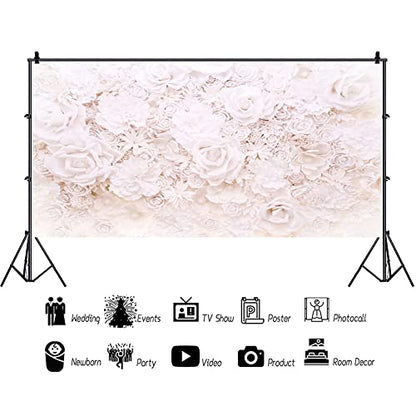 AOFOTO 15x8ft White Flowers Wall Backdrop Elegant Roses Romantic Wedding Bridal Shower Photography Background Baby Shower Party Valentines Mother's Day Photo Banner Studio Props Wallpaper - size: 15x8ft