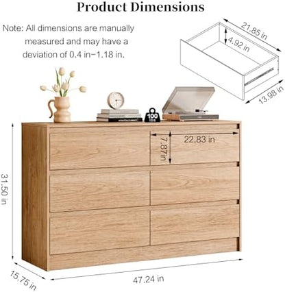 Chrangmay 6 Drawer Dresser,47.24" Wide Mid Century Chest of Drawers,Wooden Bedroom Drawer Dresser with 6 Storage Drawers for Bedroom,Living Room,with Anti-Tipping Device, Wood