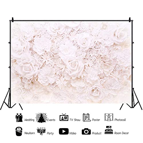 AOFOTO 12x10ft White Flowers Wall Backdrop Elegant Roses Romantic Wedding Bridal Shower Photography Background Baby Shower Party Valentines Mother's Day Photo Banner Studio Props Wallpaper - size: 12x10ft