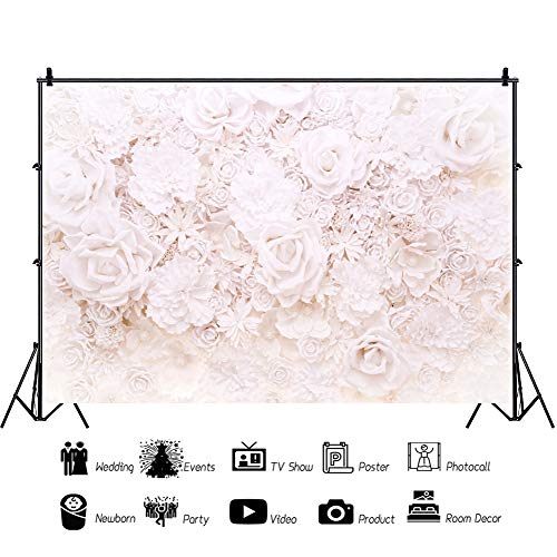 AOFOTO 6x4ft White Flowers Wall Backdrop Elegant Roses Romantic Wedding Decor Bridal Shower Photography Background Baby Girl Artistic Portrait Valentines Mother's Day Photoshoot Studio Props Wallpaper - size: 6x4ft