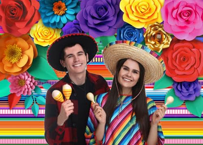 Mexican Theme Party Striped Backdrop Fiesta Cinco De Mayo Paper Flowers Background Party Decoration for Cake Table Decor Photo Booth 8X6FT 071 - size: 8′x6′