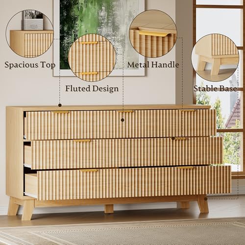 BORNOON 57" Long Dresser for Bedroom, 7-Drawer Fluted Chest, Wide Wood Storage Dresser with Metal Slides and Handles, Stable Base, Modern Clothes Organizer for Primary Suite, Guest Room, Nursery