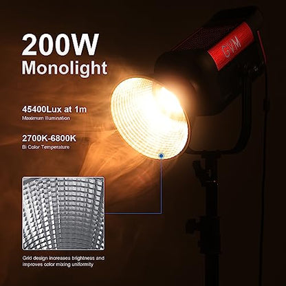 GVM 200W LED Video Light, 2700K-6800K Continuous Output Lighting LED COB Light with DMX/Bluetooth App Control, YouTube Studio Light for Film Recording Photography, CRI 97+ - size: 200W