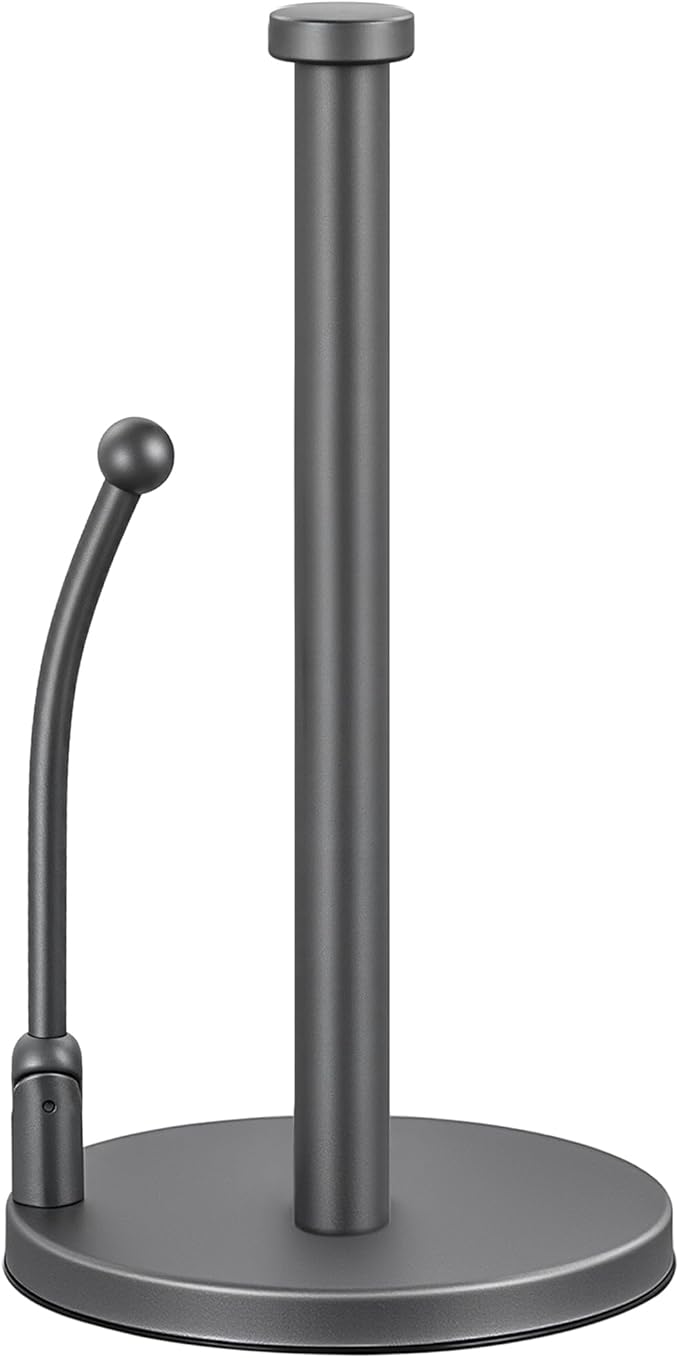 SMARTAKE Paper Towel Holder, Paper Towel Dispenser Standing Weighted Base Non Slip, Spring Arm for Easy Tear, Stainless Steel Paper Towel Holder for Home Kitchen Countertop Tabletop, Metallic Gray
