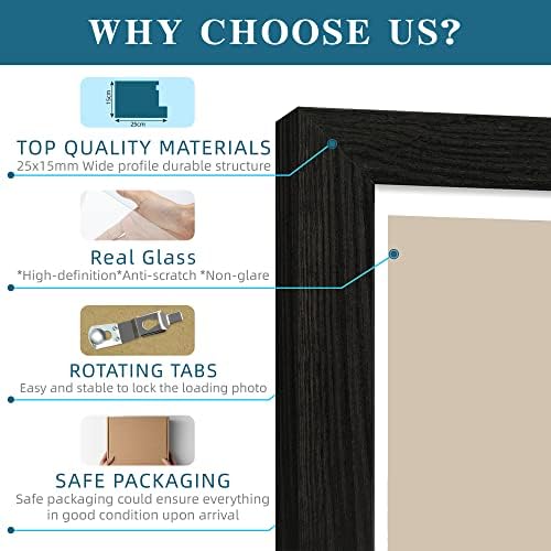 Hongkee 6x6 Picture Frame Set of 4, Made of Glass and Rustic Black Wooden Frame - Display Picture 4x4 with Mat or 6 x 6 Without Mat, 6x6 Photo for Wall or Tabletop