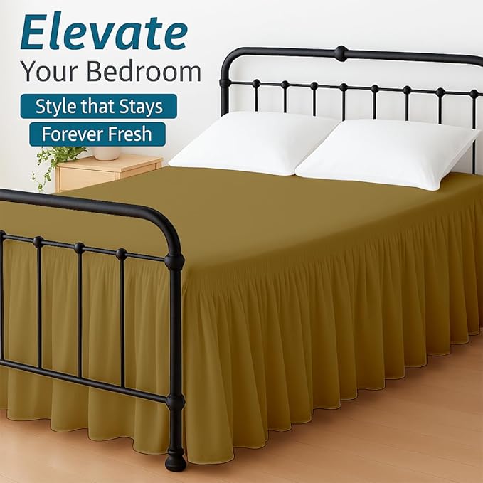 Shreem Linen Ruffled Bed Skirt with Split Corners, Gathered Style, 100% Microfiber, 30-Inch Drop, Dust Ruffle Bedskirt with Platform, Short Queen, Taupe