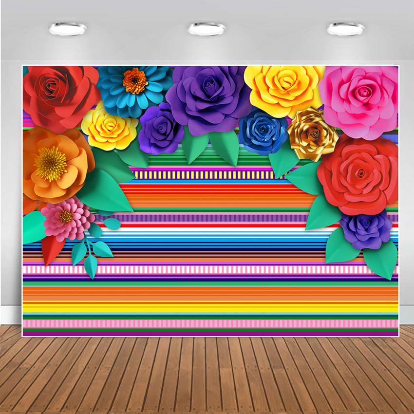 Mexican Theme Party Striped Backdrop Fiesta Cinco De Mayo Paper Flowers Background Party Decoration for Cake Table Decor Photo Booth 7X5FT - size: 7′x5′