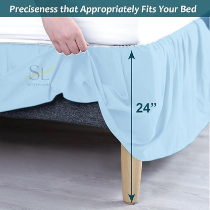 Shreem Linen Ruffled Bed Skirt with Split Corners, Gathered Style, 100% Microfiber, 24-Inch Drop, Dust Ruffle Bedskirt with Platform, RV King, Light Blue