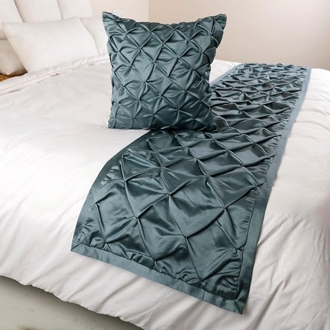 The HomeCentric Decorative Blue Twin 53 x 18 inch Bed Runner with 2 Matching Pillow Cover, Satin Pintucks Bed Scarf, Solid Color Modern - Satin Nights