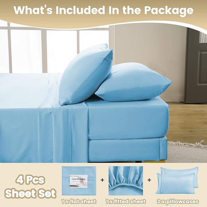 Silky Soft King Sheet Set - Luxury 4 Piece Breathable Cooling Sheets for King Size Bed, 16" Deep Pocket Easy Care Wrinkle Free Bedding Sheet and Pillowcase Set, Sky Blue