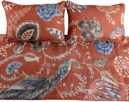 The HomeCentric Orange Bed Runner, CA King Size 86"x18" Decorative Bed Runner with Matching Pillow Cover, Rust or Orange Linen Bed Scarf in Quilted Peacock, Linen & Jute Embroidery - Peacock Soiree