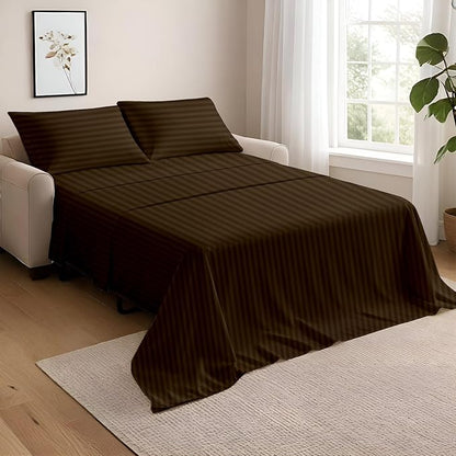 NON Sticky cotton Twin Size Sleeper Sofa Sheets, 4 Piece Egyptian Cotton Bed Sheet Set for Sofa Bed, 10" Deep Pocket for Pull Out Couch Mattress, 39" x 75", Chocolate Stripe, Soft & Breathable