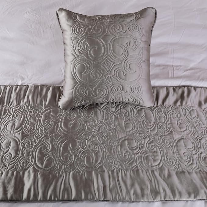 The HomeCentric Designer Silver Queen 74 x 18 inch Bed Runner with Pillow Cover Set, Satin Quilted Bed Scarf, Abstract Modern - Silver Soft