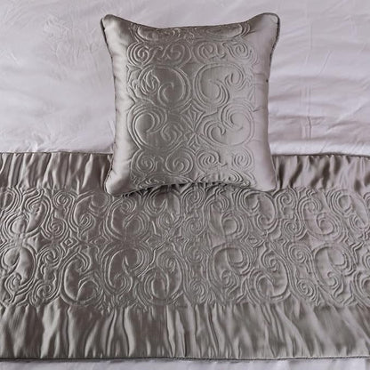 The HomeCentric Designer Silver Queen 74 x 18 inch Bed Runner with Pillow Cover Set, Satin Quilted Bed Scarf, Abstract Modern - Silver Soft