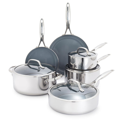 GreenPan Valencia Pro Tri-Ply Stainless Steel 10 Piece Cookware Set, PFAS-Free Ceramic Nonstick Coating, Induction Ready Pots & Pans, All Cooktops, Dishwasher & Oven Safe to 600F