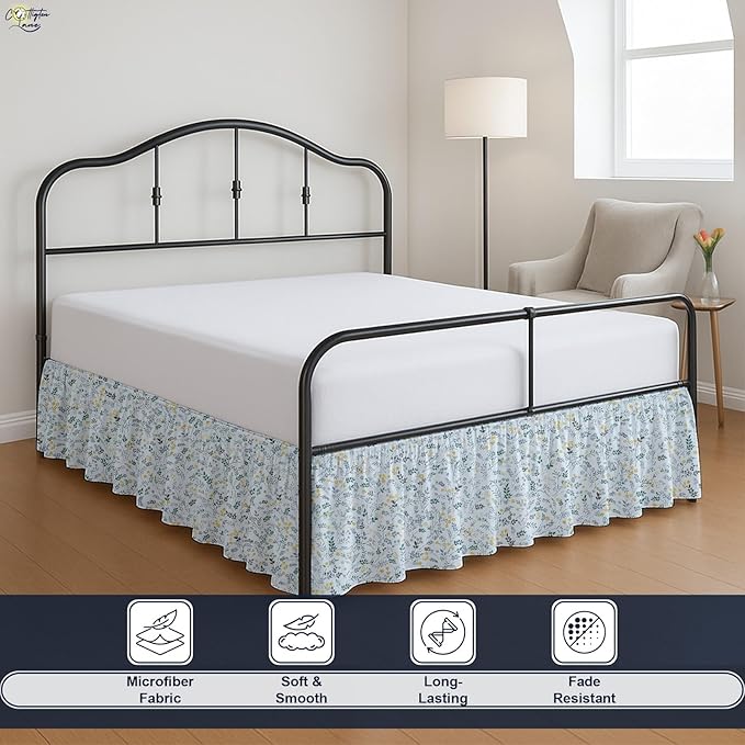 Cottington Lane Ruffled Bed Skirt King Size with Split Corner, Brushed Microfiber Hotel Quality Dust Ruffle, 14 Inch Drop Gathered Bedskirt, Soft, Stylish, Shrink & Fade Resistant, Garden Bloom