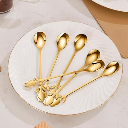 Gold Tulip/Rose Handle 12-Pcs Mini Coffee Spoons Set - 6" Stainless Steel for Espresso, Tea, Dessert - Ideal for Demitasse & Small Servings