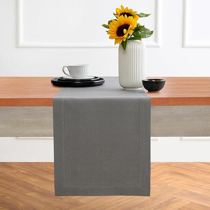 Solino Home Linen Steel Gray Hemstitch Table Runner 36 Inches - 100% Pure Linen Small Table Runner 14 x 36 Inch Ideal for Dresser and Coffee Tables - Classic Hemstitch
