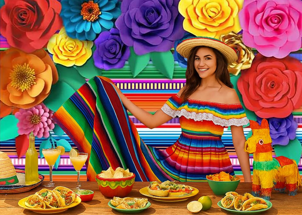 Mexican Theme Party Striped Backdrop Fiesta Cinco De Mayo Paper Flowers Background Party Decoration for Cake Table Decor Photo Booth 8X6FT 071 - size: 8′x6′