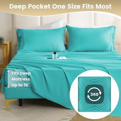 Silky Soft King Size Sheet Set - Luxury 4 Piece Breathable Cooling Sheets for King Size Bed, 16" Deep Pocket Easy Care Wrinkle Free Bedding Sheet and Pillowcase Set, Turquoise