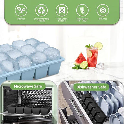 Ice Cube Trays for Freezer, 3 Pack Easy Release Slicone Ice Cube Tray with Lid, BPA Free Stackable Flexible Ice Mold 15 Square Reusable Ice Cubes for Whiskey, Baby Food, Ice Coffee (Pink+Blue+Green)