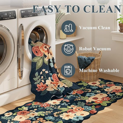 DUKINO 2x4 Washable Runner Rugs, Non Slip Floral Print Entryway Rug with Soft Low Pile, Lightweight Mat for Living Room, Bathroom, Bedroom, Kitchen, Navy Blue