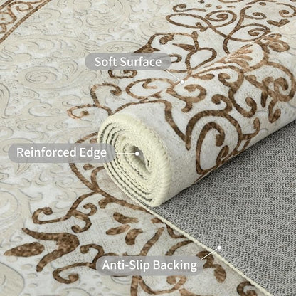 Easy-Going Round Rug 6ft Area Rug Washable Boho Neutral Circle Rugs for Living Room Non-Slip Bedroom Rug Low Pile Lightweight Floral Brown Print Vintage Throw Rug for Dining Room Kitchen Home Office