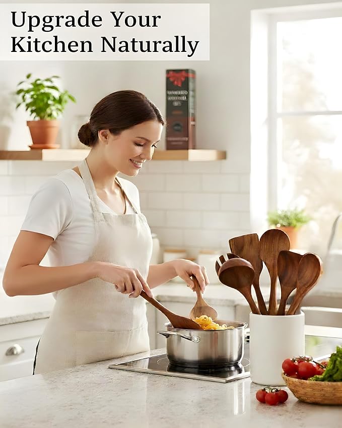 8-Piece Natural Teak Wood Utensil Set - Essential Nonstick Cooking Spoons & Spatulas, Eco-Friendly Tools