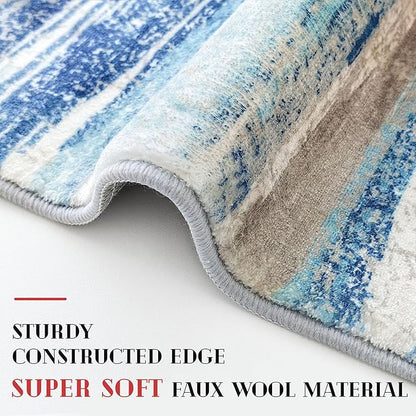 Modern Abstract 9x12 Large Machine Washable Living Room Rug Non-Slip Soft Bedroom Area Rug Blue Ultra Thin Print Faux Wool Carpet Throw Rugs for Nursery Playroom Dining Room Indoor Office
