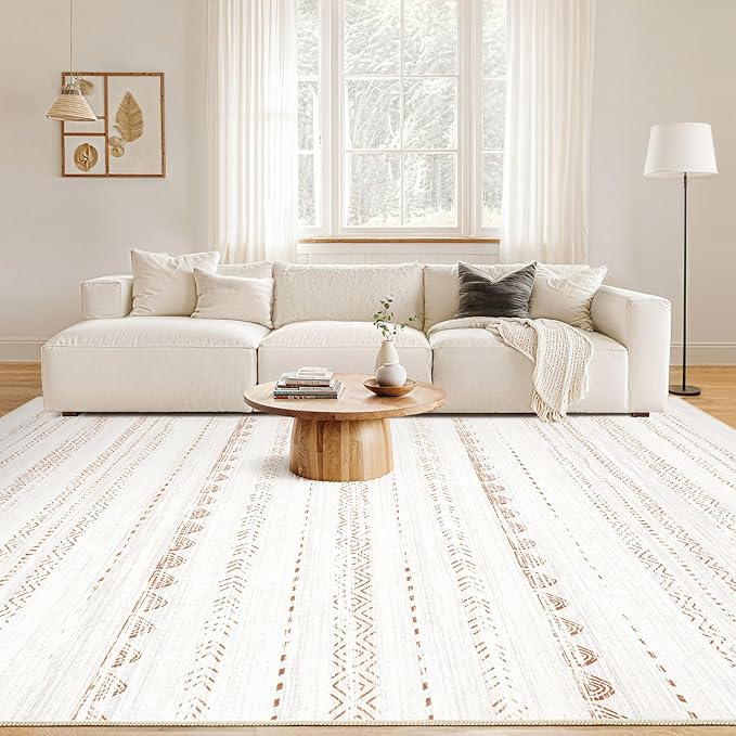 Nakagishi Area Rug Living Room Rugs: 5x7 Large Soft Machine Washable Boho Moroccan FarmNeutral Stain Resistant Indoor Floor Carpet for Bedroom Under Dining Table Home Office Decor-Cream Brown