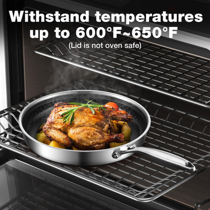 MOUTIUS 8-10 Inch Non Stick Frying Pans, Ceramic Coating NonStick Stainless Steel Pan Set, Tri-Ply Skillets and Pan Set with Lid, Cool-Touch Handle, Dishwasher and Oven Safe