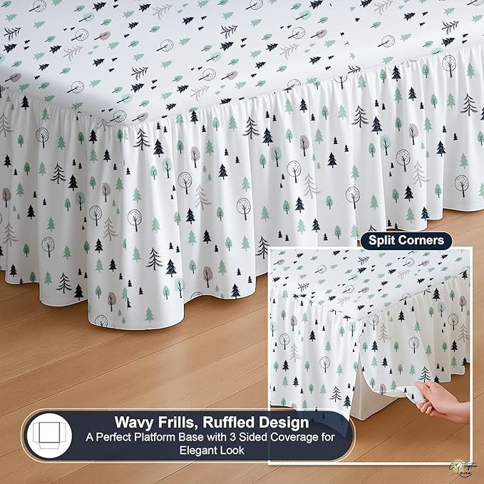 Cottington Lane Ruffled Bed Skirt Twin Size with Split Corner, Brushed Microfiber Hotel Quality Dust Ruffle, 15 Inch Drop Gathered Bedskirt, Soft, Stylish, Shrink & Fade Resistant, Winter Forest
