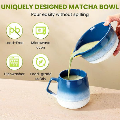 GBBG Matcha Whisk Set, Matcha Kit with 18 oz Ceramic Bowl, 100-Prong Bamboo Whisk, Stainless Steel Sifter & Accessories, Complete Matcha Starter Kit for Beginners and Matcha Lovers-Blue