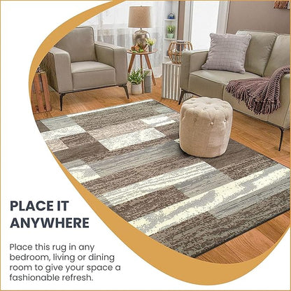 Superior Indoor Area Rug, Jute Backed, Modern Geometric Patchwork Floor Decor for Bedroom, Office, Living Room, Entryway, Hardwood Floors, Rockwood Collection, 8' x 10', Light Blue-Ivory