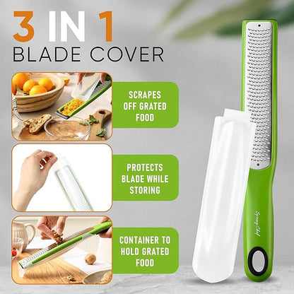 Spring Chef Premium Lemon Zester Grater with Handle - Orange, Garlic, Ginger, Nutmeg, Cheese Grater- Handheld Sharp Kitchen Tool - Stainless Steel Citrus Zester with Blade Cover - Fine Shred, Green