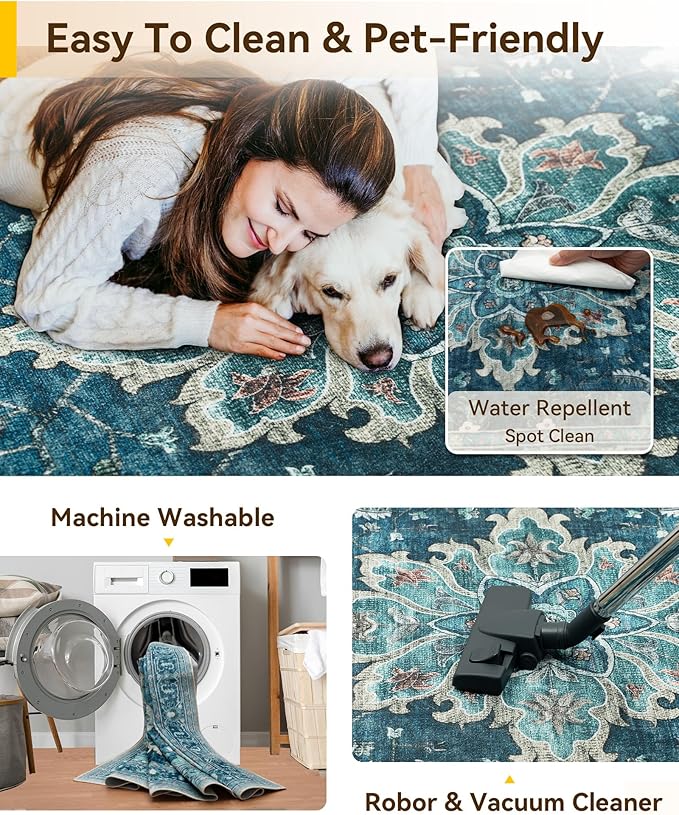 Area Rugs 2'6''x8' Washable Non-Slip, Floral Vintage Distress Print Pattern Medallion Carpet for Living Room Bedroom Dining Room, Teal Green Lake Blue Turquoise