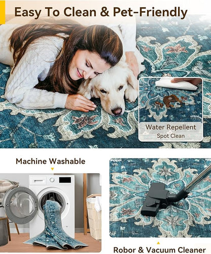 Area Rugs 2'6''x8' Washable Non-Slip, Floral Vintage Distress Print Pattern Medallion Carpet for Living Room Bedroom Dining Room, Teal Green Lake Blue Turquoise
