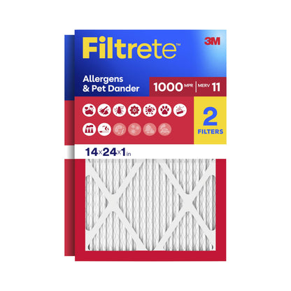 Filtrete 14x24x1 Air Filter – MERV 11, MPR 1000, Allergens & Pet Dander, 2-Pack (Actual Size 13.68 x 23.68 x 0.81 in)